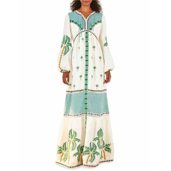 FARM Rio Dresses & Skirts - Farm Rio Palm Tree NWT Embroidered Maxi Dress L White Green Gingham Boho Linen